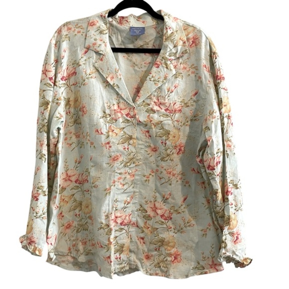 PINE CONE HILL Light Blue Floral Linen Button Up Pajama Lounge Shirt XL